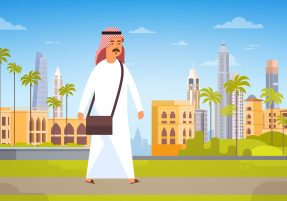 Arab Man Walking Modern City Building Cityscape Skyline Panorama Business Travel And Tourism Concept Flat Vector Illustration